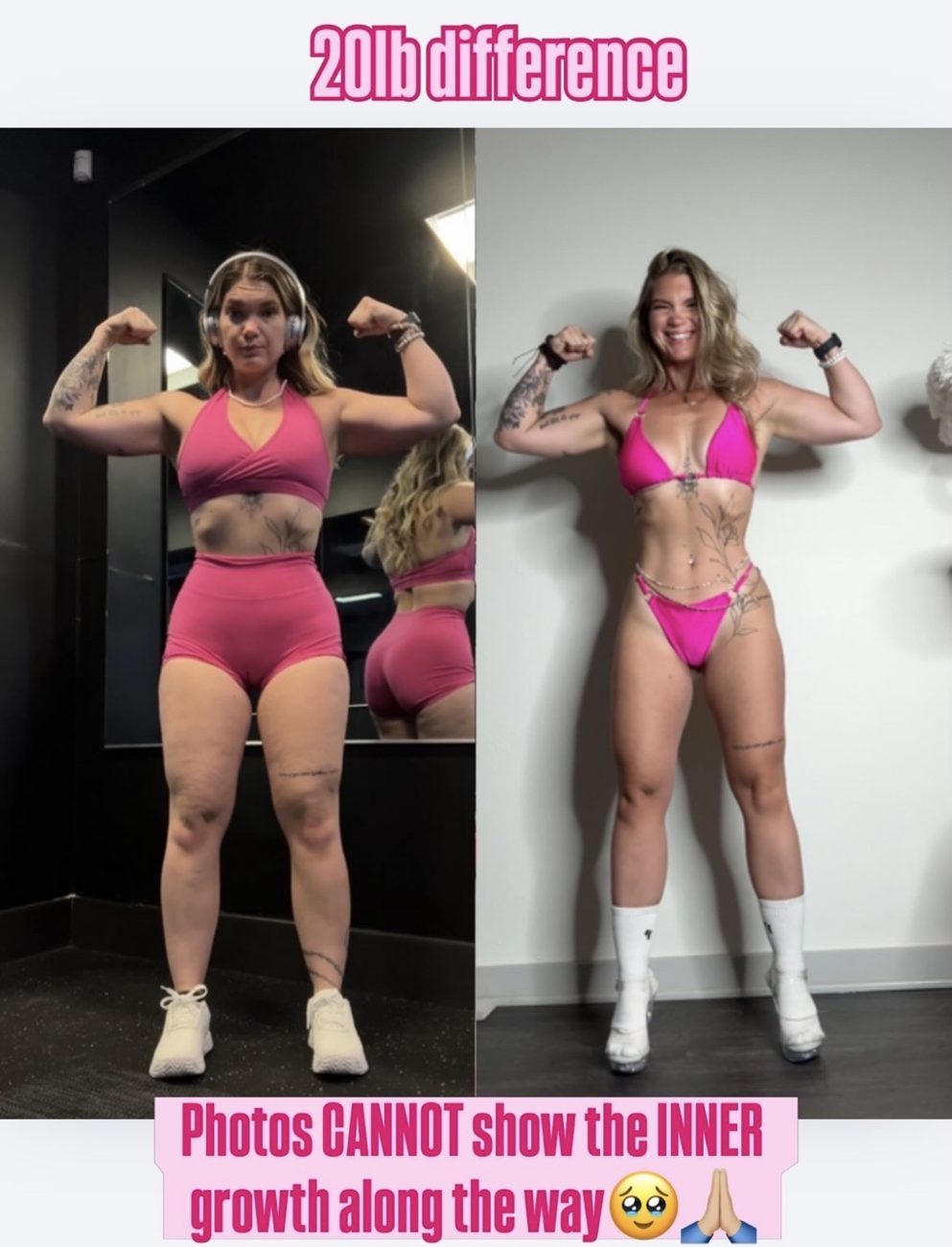 Sami before and after: a 20 lb difference, with the note that photos cannot show the inner growth along the way