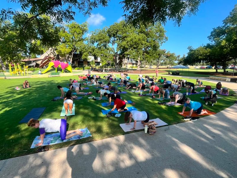 A big group doing yoga together on the grass at the park